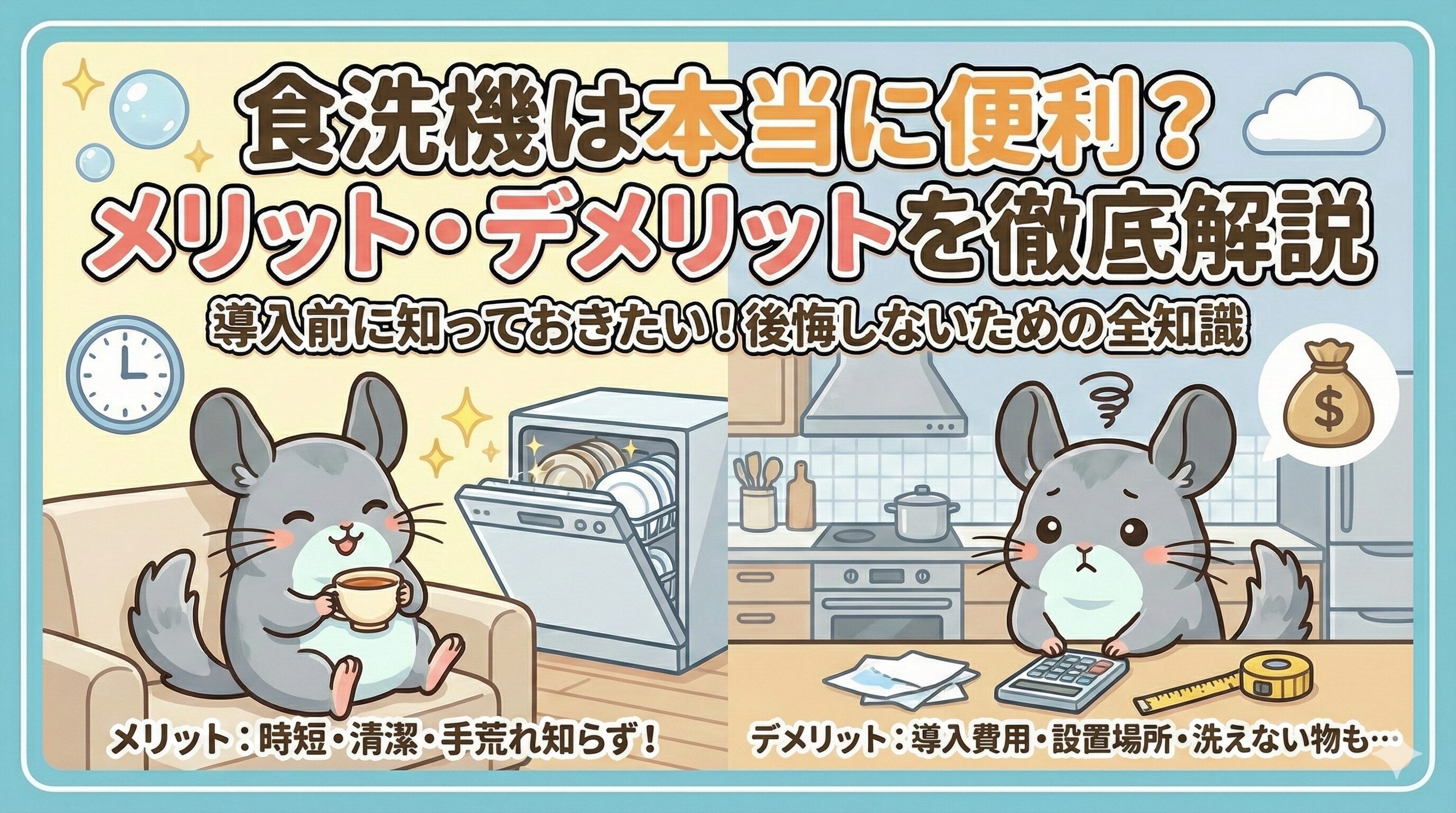 左右に分割された画面で、食洗機のメリットとデメリットを比較するイラスト。左側は「メリット：時短・清潔・手荒れ知らず！」の文字と、食洗機が稼働する横でくつろぐチンチラ。右側は「デメリット：導入費用・設置場所・洗えない物も…」の文字と、電卓やメジャーを持って悩むチンチラ。「食洗機は本当に便利？メリット・デメリットを徹底解説」というタイトル文字が入ったアイキャッチ画像。