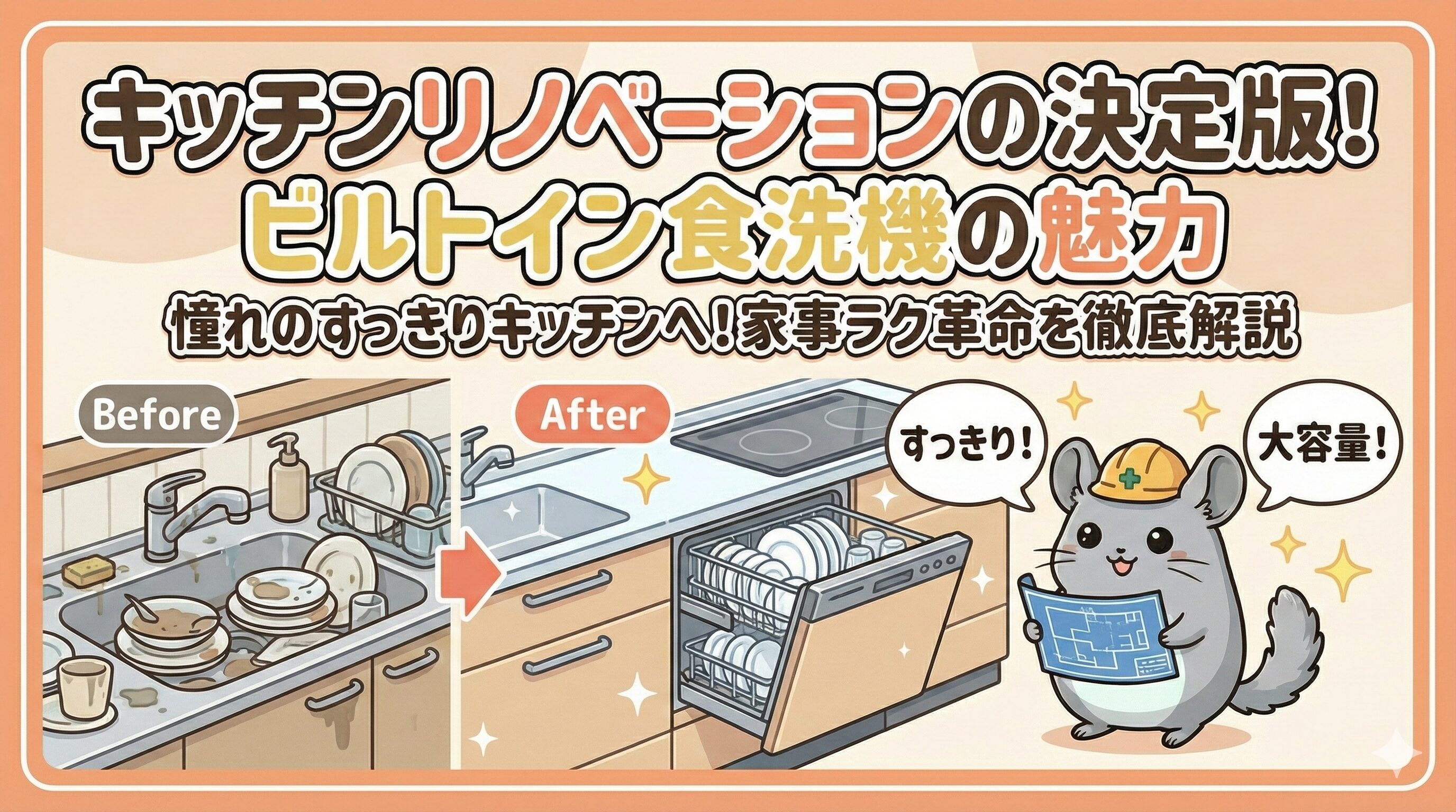「Before」の洗い物が山積みのキッチンと、「After」のビルトイン食洗機が設置されすっきりしたキッチンの比較イラスト。ヘルメットをかぶったチンチラが設計図を持ち「すっきり！」「大容量！」と説明している。「キッチンリノベーションの決定版！ビルトイン食洗機の魅力」というタイトル文字が入ったアイキャッチ画像。